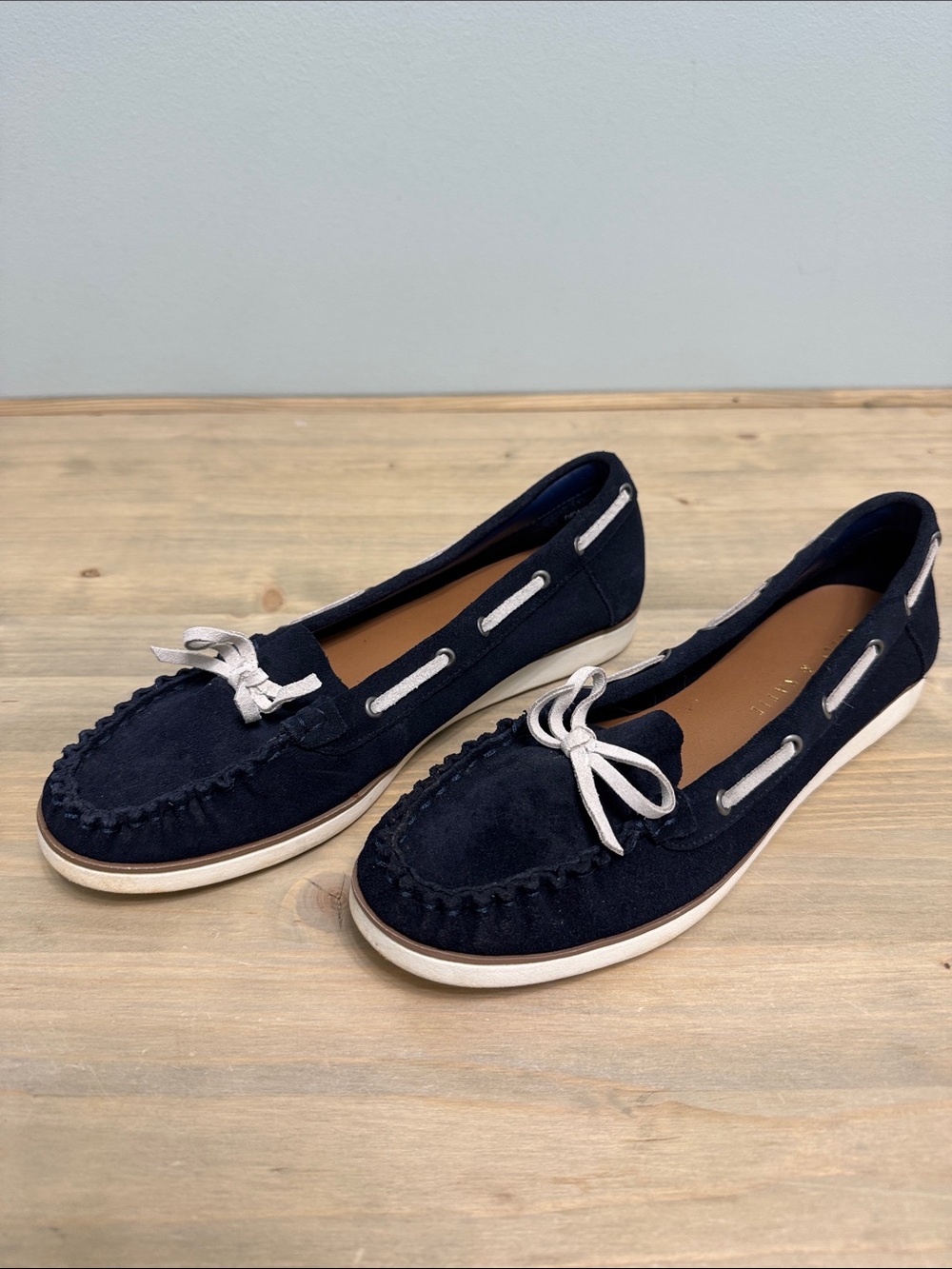 Kelly & Katie Navy Suede Moccasin Flats with White Laces